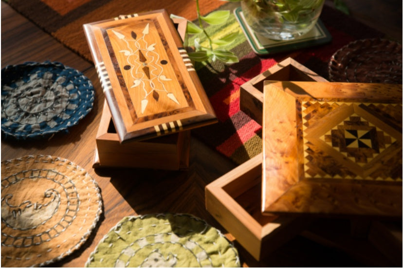 Moroccan handmade rotating wooden jewelry box set; natural wood with geometric inlay patterns