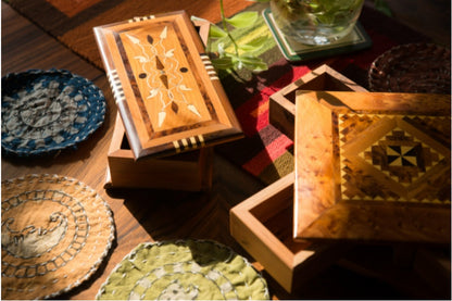Moroccan handmade rotating wooden jewelry box set; natural wood with geometric inlay patterns