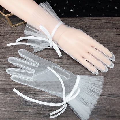 Korean Style Short Pearl Bridal Wedding Dress Performance Gloves, white sheer mesh with tulle cuffs, 2 gloves