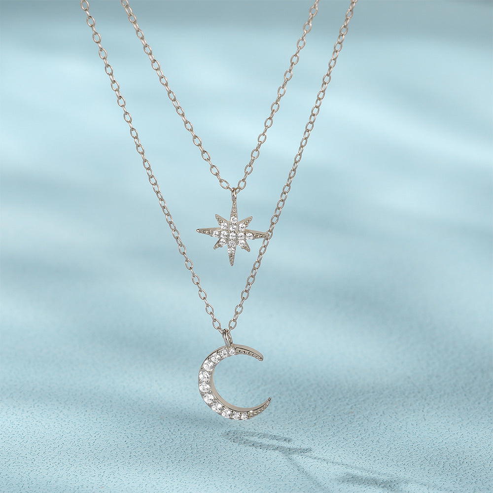 Women's S925 Sterling Silver Double Layer Twin Diamond Star And Moon Necklace by edenista
