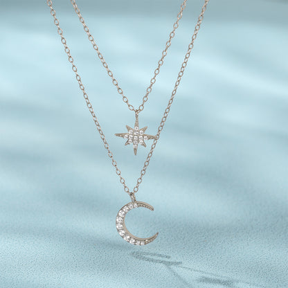Women's S925 Sterling Silver Double Layer Twin Diamond Star And Moon Necklace by edenista