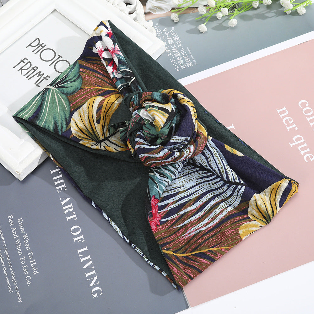 Hairband Silk Scarf by cj with tropical leaf print in green multicolor