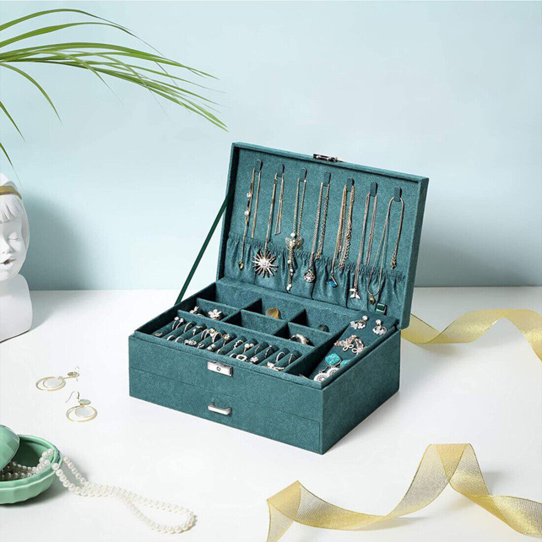 edenista 3-Layer Large Green Jewelry Box with necklace organizer and teal velvet interior