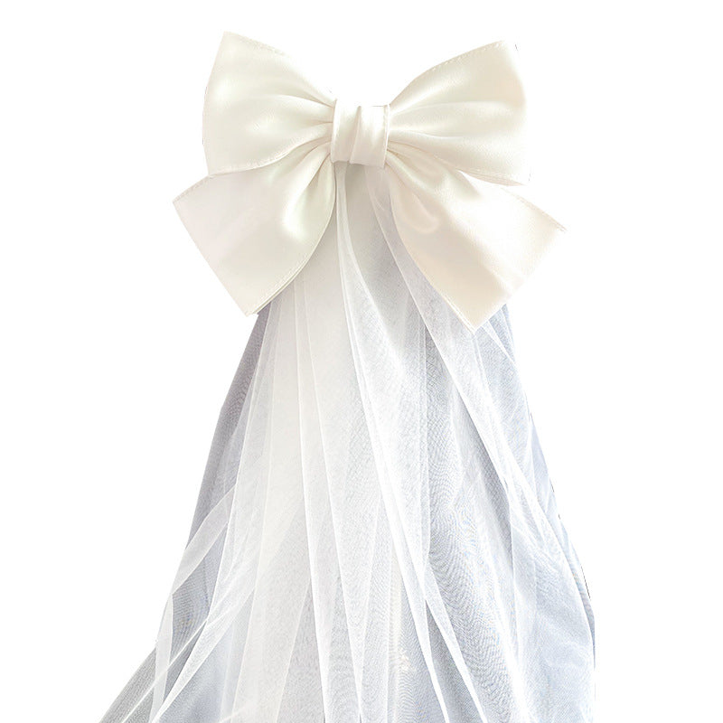 CJ bow veil, white satin bow with sheer tulle veil for wedding photo shoots