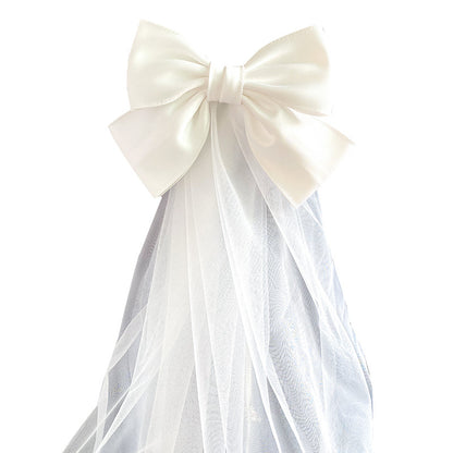 CJ bow veil, white satin bow with sheer tulle veil for wedding photo shoots