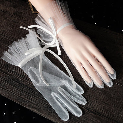 Korean style short pearl bridal gloves, 1 pair, sheer white tulle with ribbon bow and ruffle cuffs