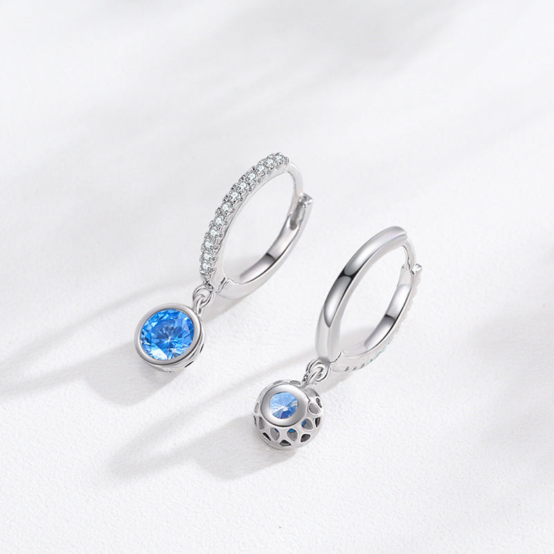 Women's light luxury sea blue artificial diamond earrings; pair of silver hoops with blue stones, one pave-crystal hoop and a lattice-ball charm.