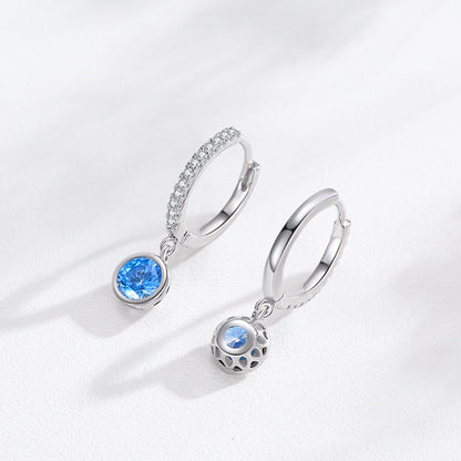 Women's light luxury sea blue artificial diamond earrings; pair of silver hoops with blue stones, one pave-crystal hoop and a lattice-ball charm.