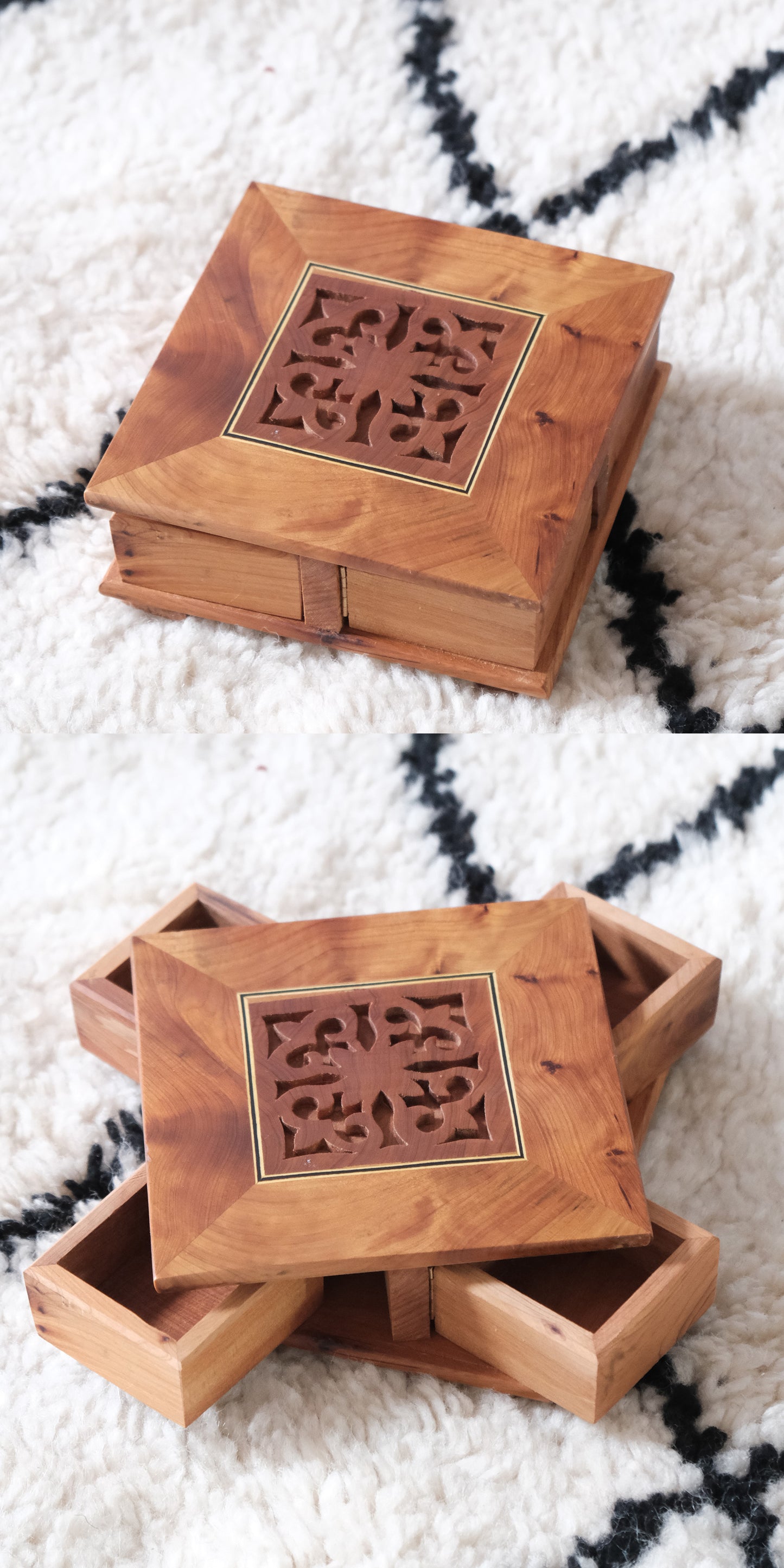 Moroccan handmade rotating wooden jewelry box by edenista, warm brown wood with carved top panel; two boxes.