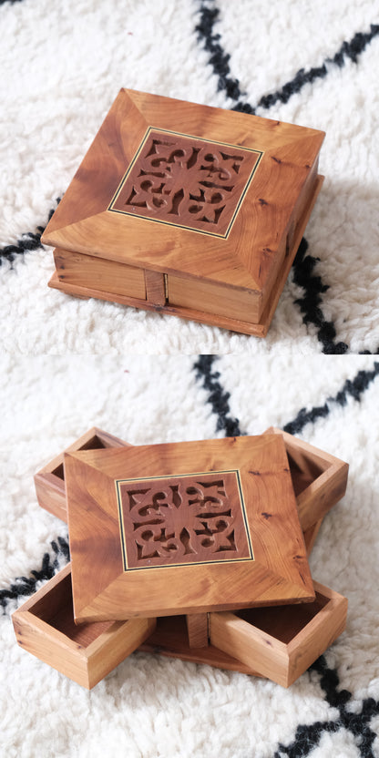 Moroccan handmade rotating wooden jewelry box by edenista, warm brown wood with carved top panel; two boxes.