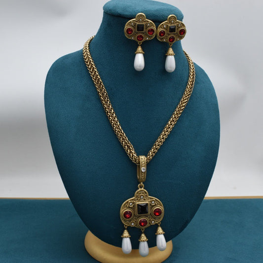 3-piece vintage glass-inlaid tassel pearl necklace and ear stud set; gold-tone with red and black stones and pearls