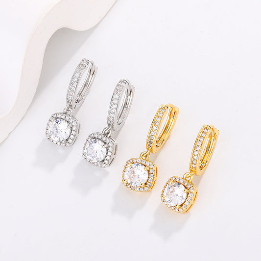 Earrings set: silver and gold tone square-halo moissanite studs, 4 pieces shown.