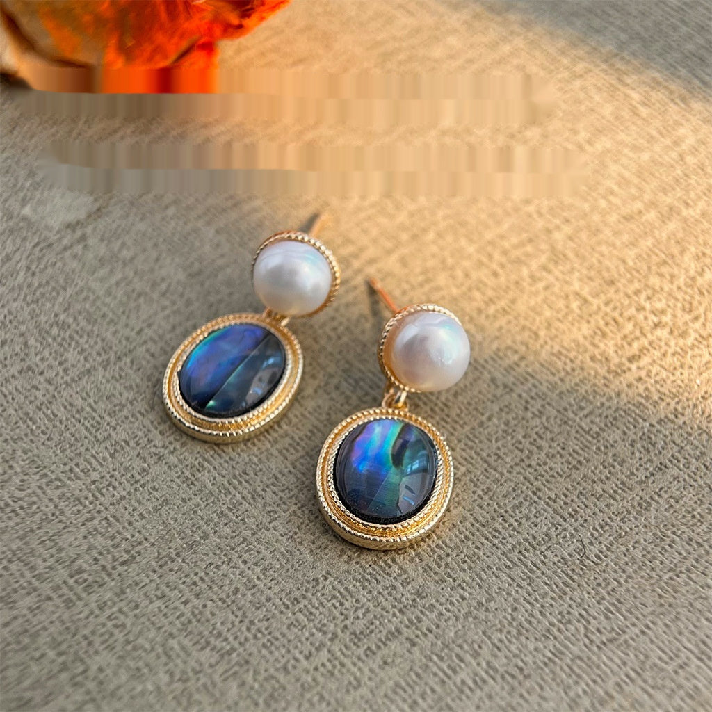 Pearl and abalone shell drop earrings in gold-tone setting with freshwater pearl tops