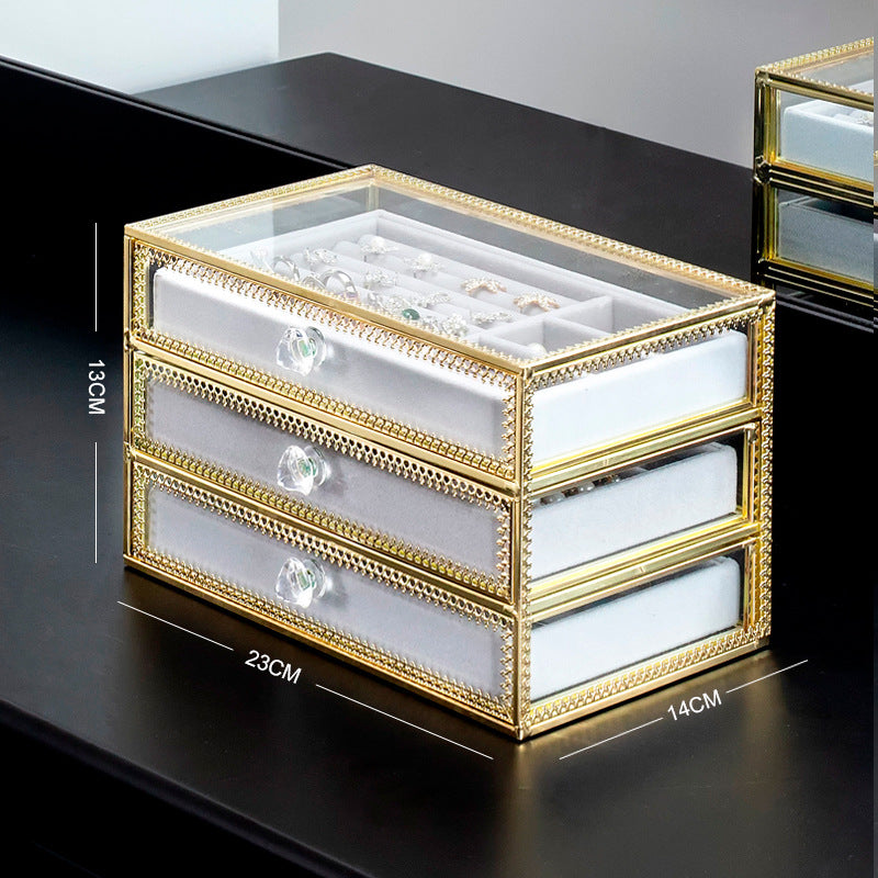 Copper Edge Glass Jewelry Storage Box by Edenista with gold-tone frame, 3 drawers, crystal knobs