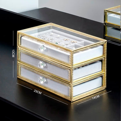 Copper Edge Glass Jewelry Storage Box by Edenista with gold-tone frame, 3 drawers, crystal knobs