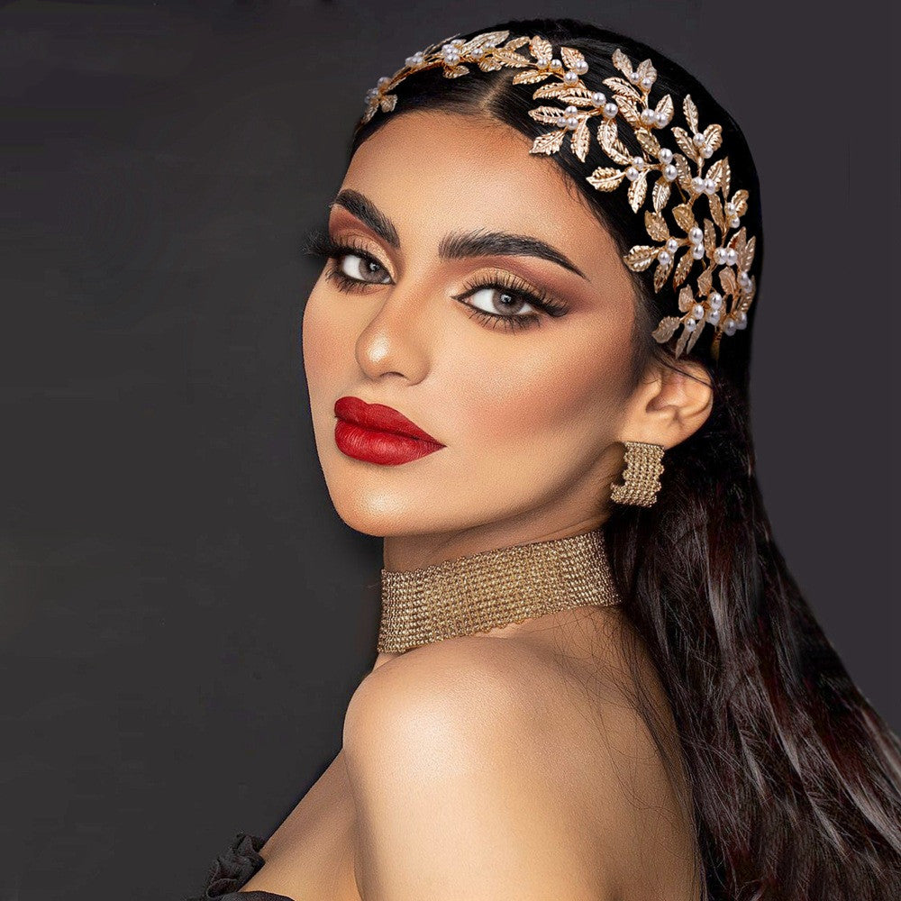 Bridal headband alloy hair accessories by CJ, gold-tone leaf design with pearls.