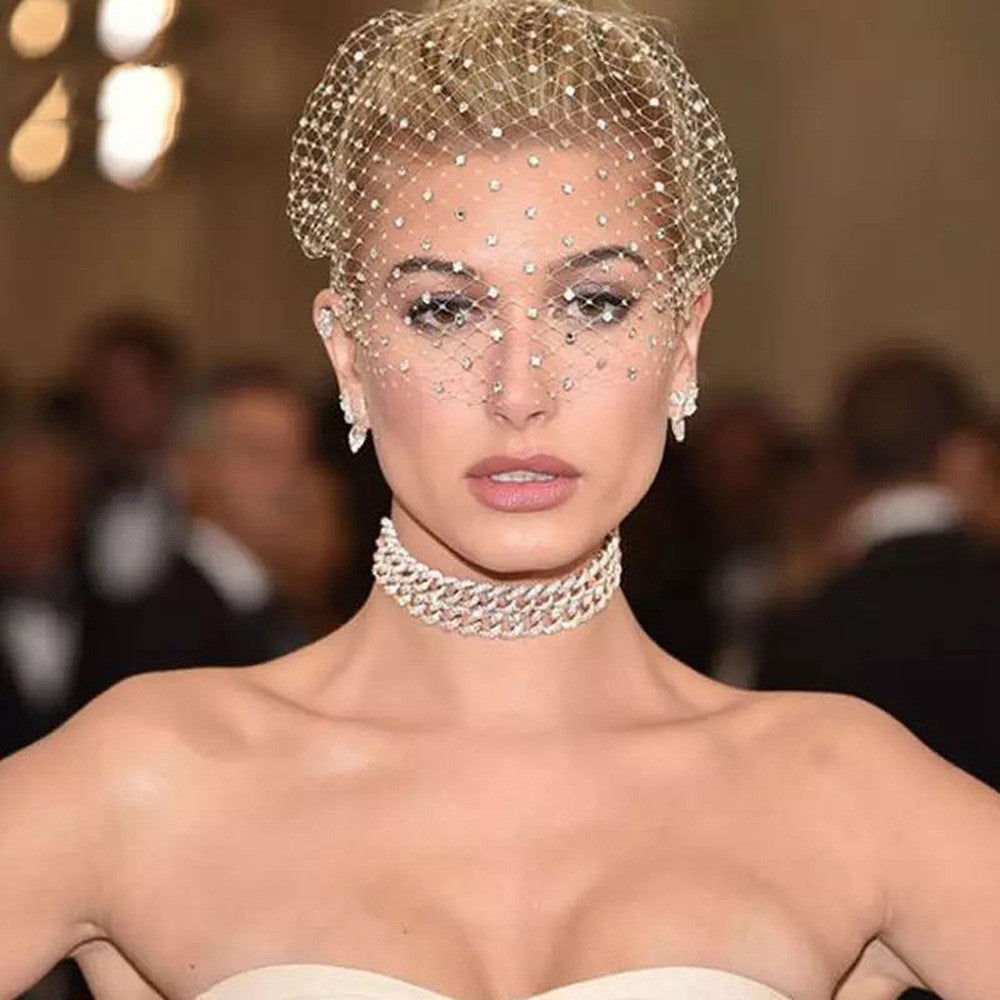 Rhinestone veil and mesh headband bridal headwear with crystal embellishments