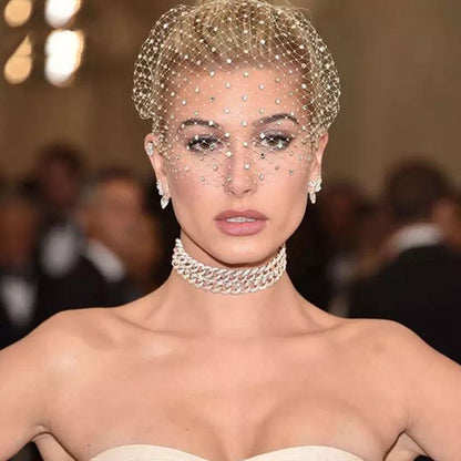 Rhinestone veil and mesh headband bridal headwear with crystal embellishments