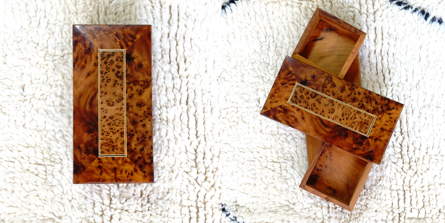 Moroccan handmade rotating wooden jewelry box by edenista, burl wood with brass inset frame
