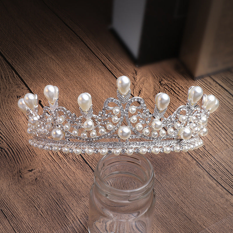 Bridal pearl water-drop tiara crown in silver with crystal accents