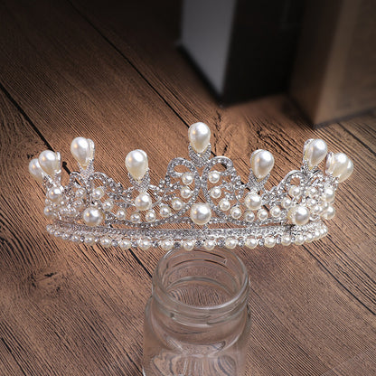Bridal pearl water-drop tiara crown in silver with crystal accents
