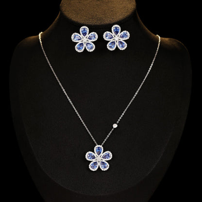 Sunflower zircon jewelry set with blue petals and clear crystals; includes earrings and pendant necklace.