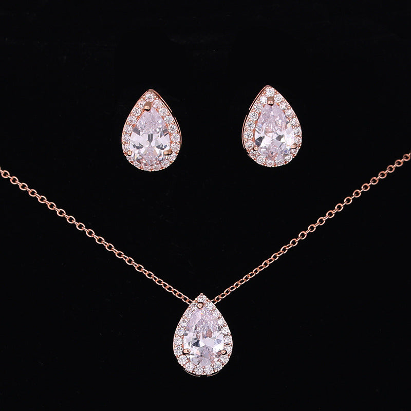 Water Drop Gemstone Necklace Earrings Jewelry Set by cj, rose-gold tone with clear teardrop crystals