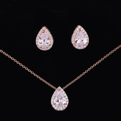 Water Drop Gemstone Necklace Earrings Jewelry Set by cj, rose-gold tone with clear teardrop crystals