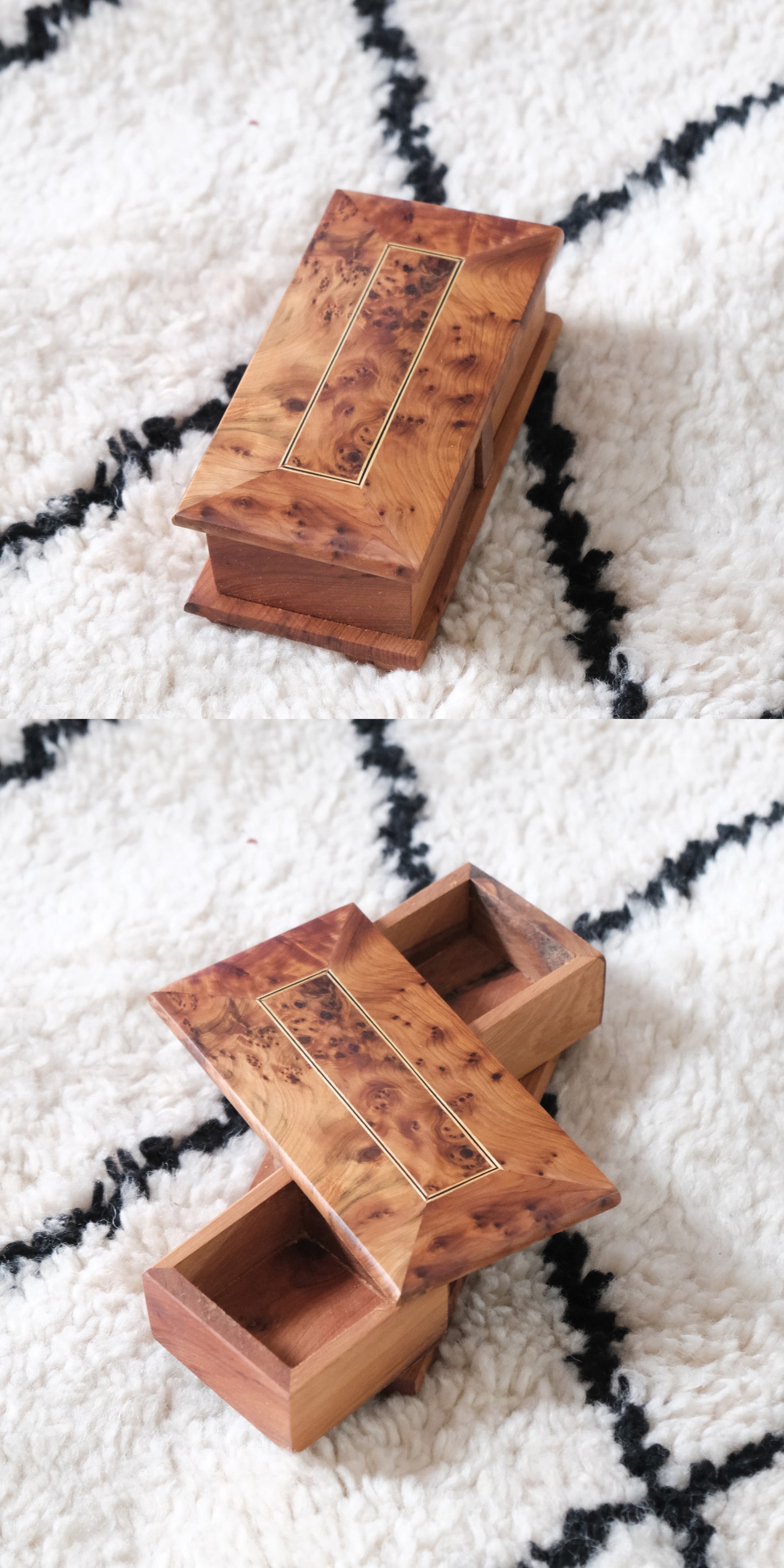 edenista Moroccan handmade rotating wooden jewelry box with burl wood lid panel