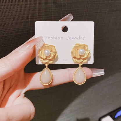Sterling Silver Rose Pearl Hong Kong Style Flower Stud Earrings; pair with pearl centers and teardrop drops