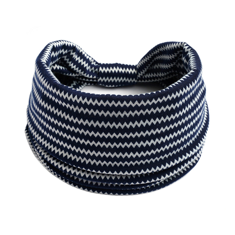 Yoga headband in navy and white zigzag pattern; bohemian, elastic absorbent fabric