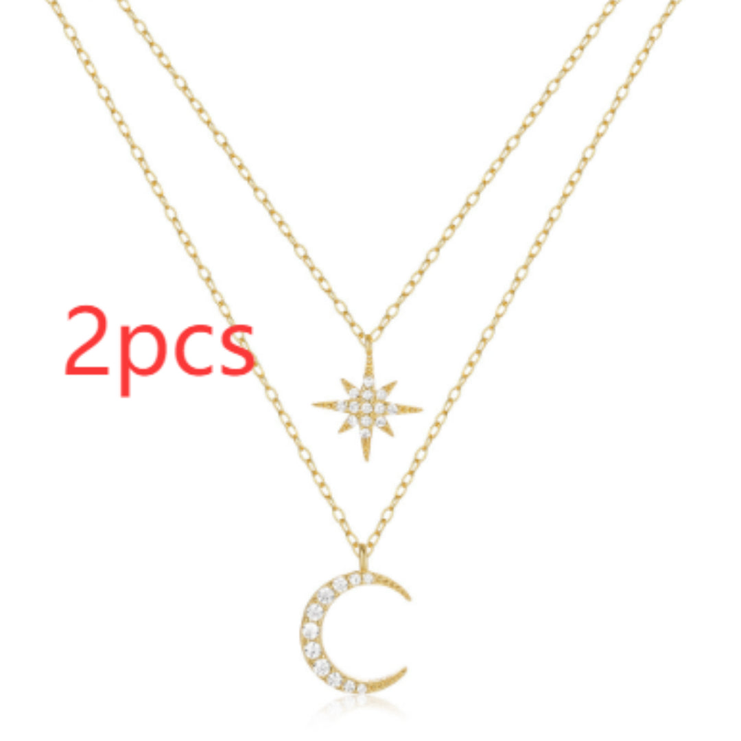 Women's S925 Sterling Silver Double Layer Twin Diamond Star And Moon Necklace by edenista