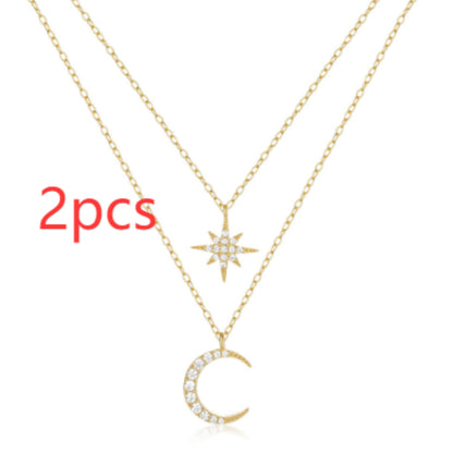 Women's S925 Sterling Silver Double Layer Twin Diamond Star And Moon Necklace by edenista