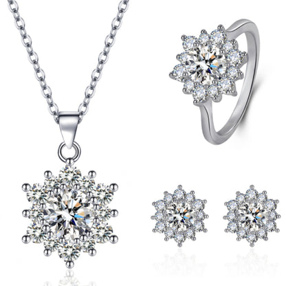 Snowflake diamond jewelry set cj: silver-tone necklace with a diamond snowflake pendant, ring and pair of stud earrings
