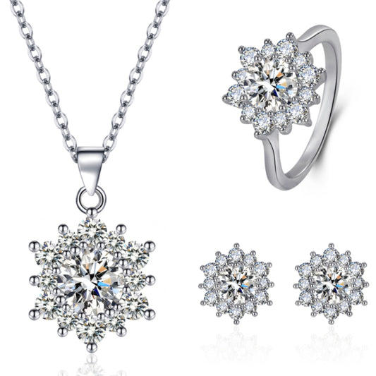 Snowflake diamond jewelry set cj: silver-tone necklace with a diamond snowflake pendant, ring and pair of stud earrings