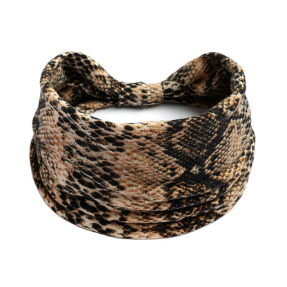 Bohemian beige-brown snake-print yoga headband; wide, absorbent fabric for workouts