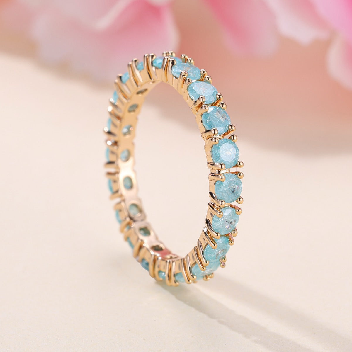 French Retro Champagne Gold Blue Ice Flower Zirconium Full Diamond Ring by edenista