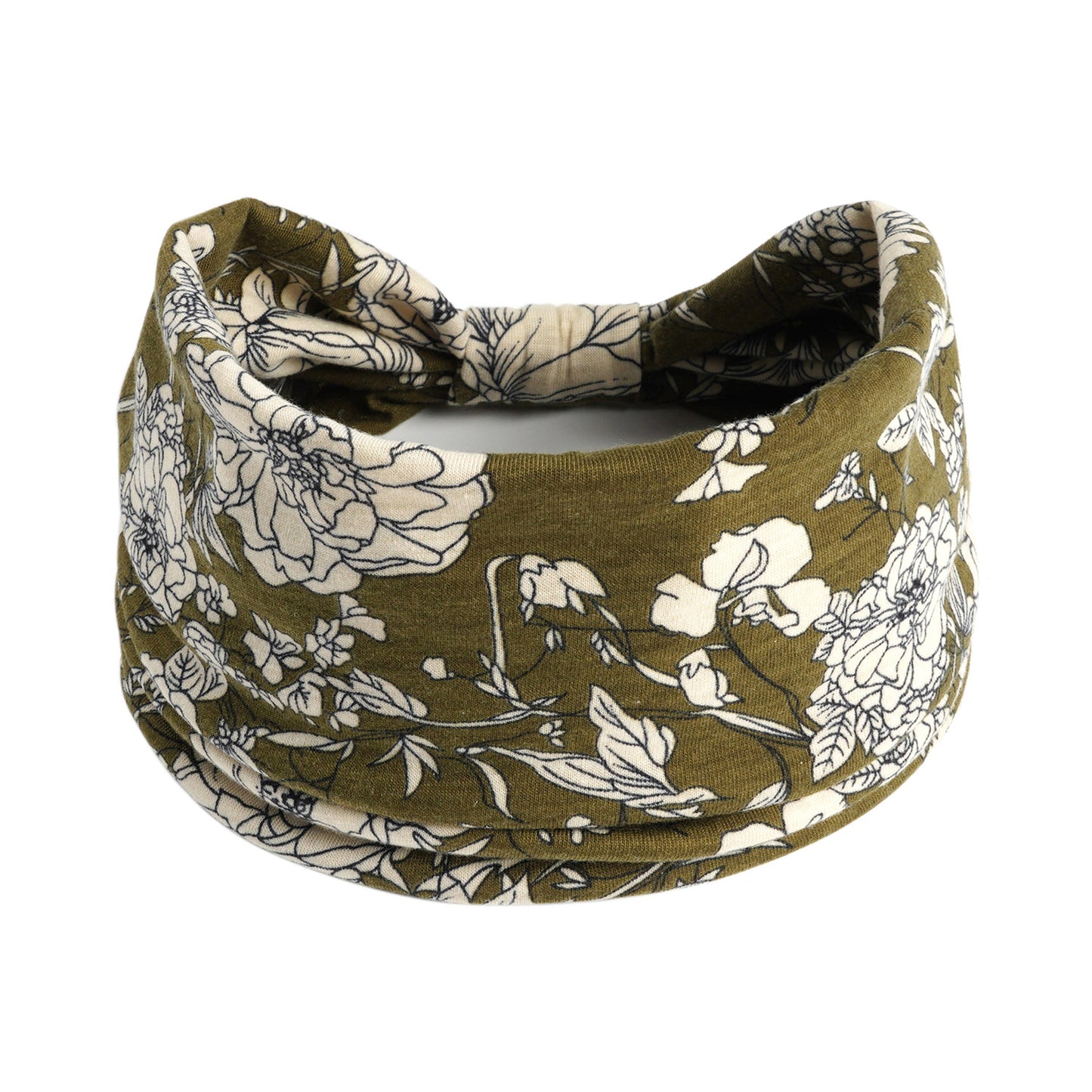 Bohemian Cashew yoga headband with olive green floral print and absorbent elastic fabric