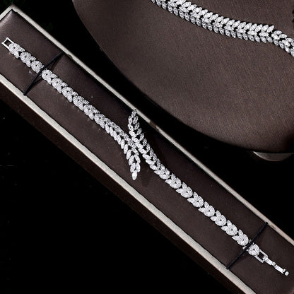 3A Zircon crystal necklace and bracelet 4-piece set in silver-tone with leaf pavé design
