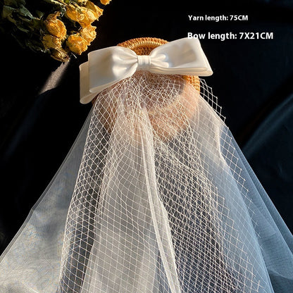 Bow Veil Super Fairy Wedding Trip Shoot white veil with large satin bow and netted tulle
