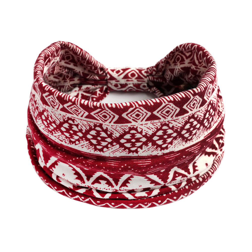 Bohemian Cashew Yoga Headband, red and white geometric pattern, absorbent fabric