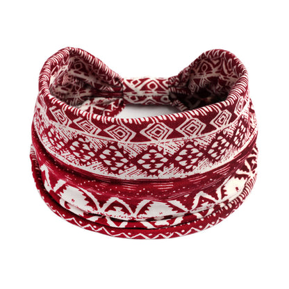 Bohemian Cashew Yoga Headband, red and white geometric pattern, absorbent fabric