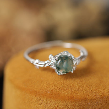 S925 Silver Green Moss Ring Water Plants Agate Stone Finger Ring by edenista