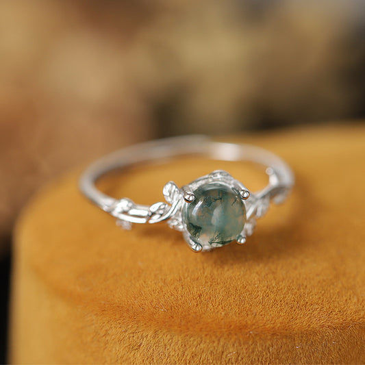 S925 Silver Green Moss Ring Water Plants Agate Stone Finger Ring by edenista
