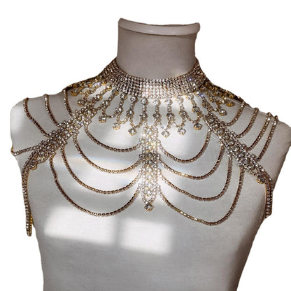 Exaggerated Personalized Tour Formal Dress Accessories Rhinestone Multi-layer Shoulder Chain, gold-tone crystal drape
