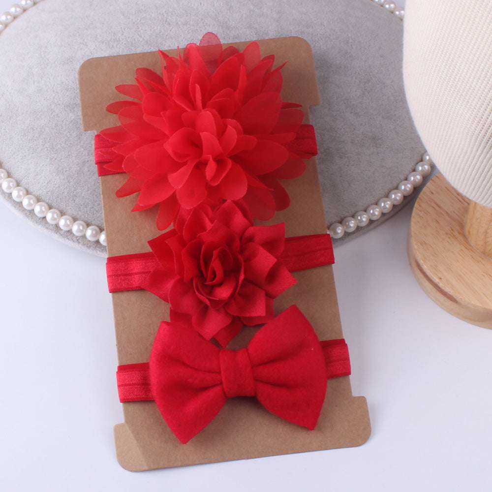 Three-piece red floral baby stretch hairband set with fabric flowers and bow by cj