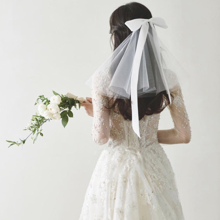 Ladies fashion ribbon bridal veil, short length, white tulle with satin bow, CJ brand.