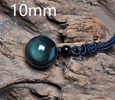 Natural obsidian rainbow eye pendant on a dark blue polyester rope chain necklace