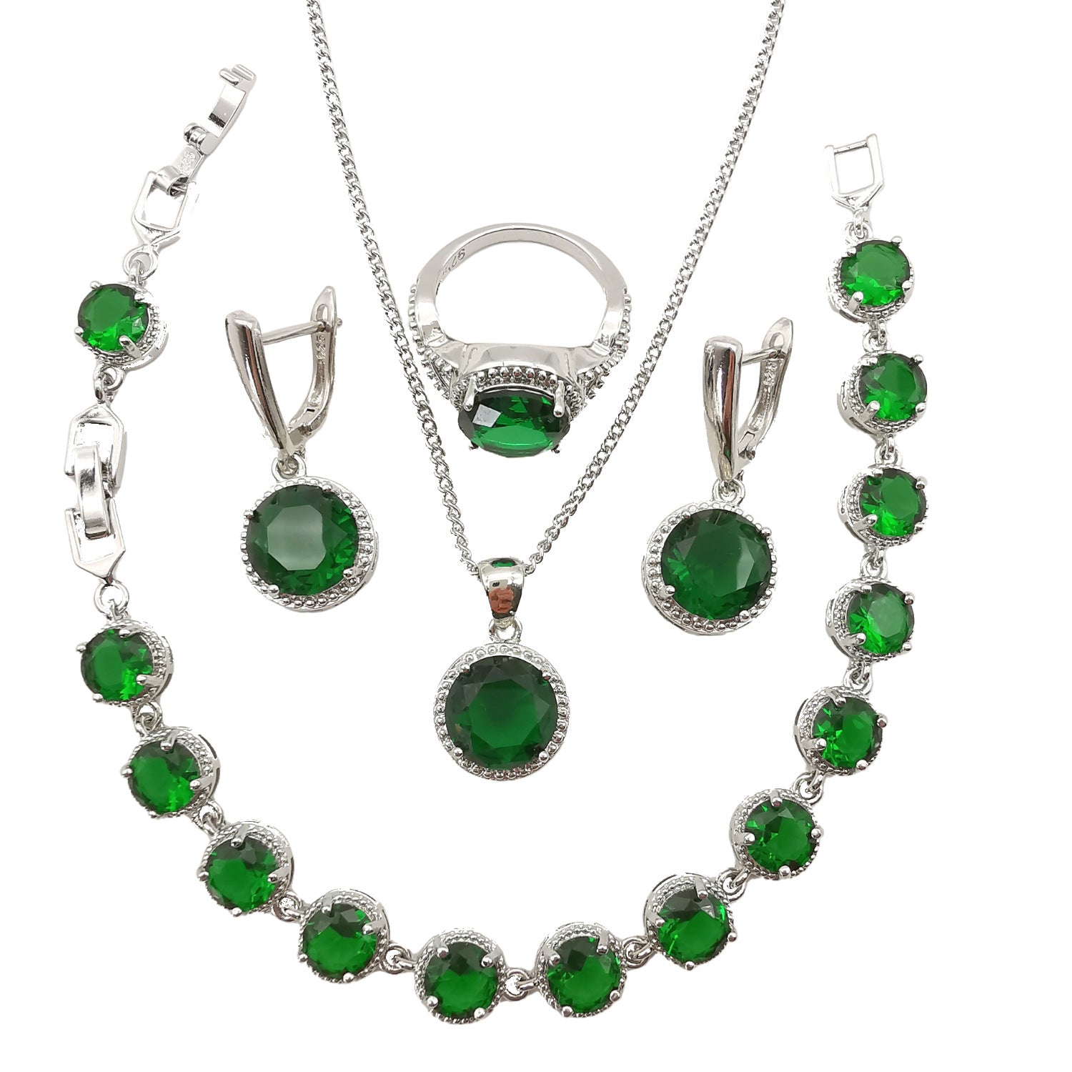 European American style 4-piece jewelry set with green round stones in silver metal; necklace, ring, bracelet, earrings