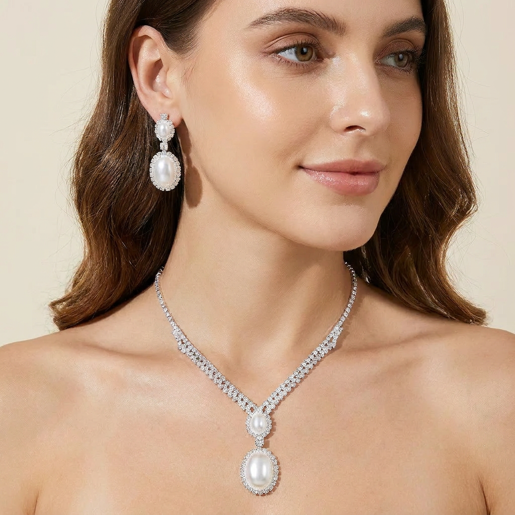 edenista jewelry set: white pearl drop necklace with crystal halo and matching pearl earrings
